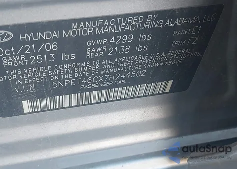 2007 Hyundai Sonata Gls from USA, damaged, VIN 5NPET46CX7H244502